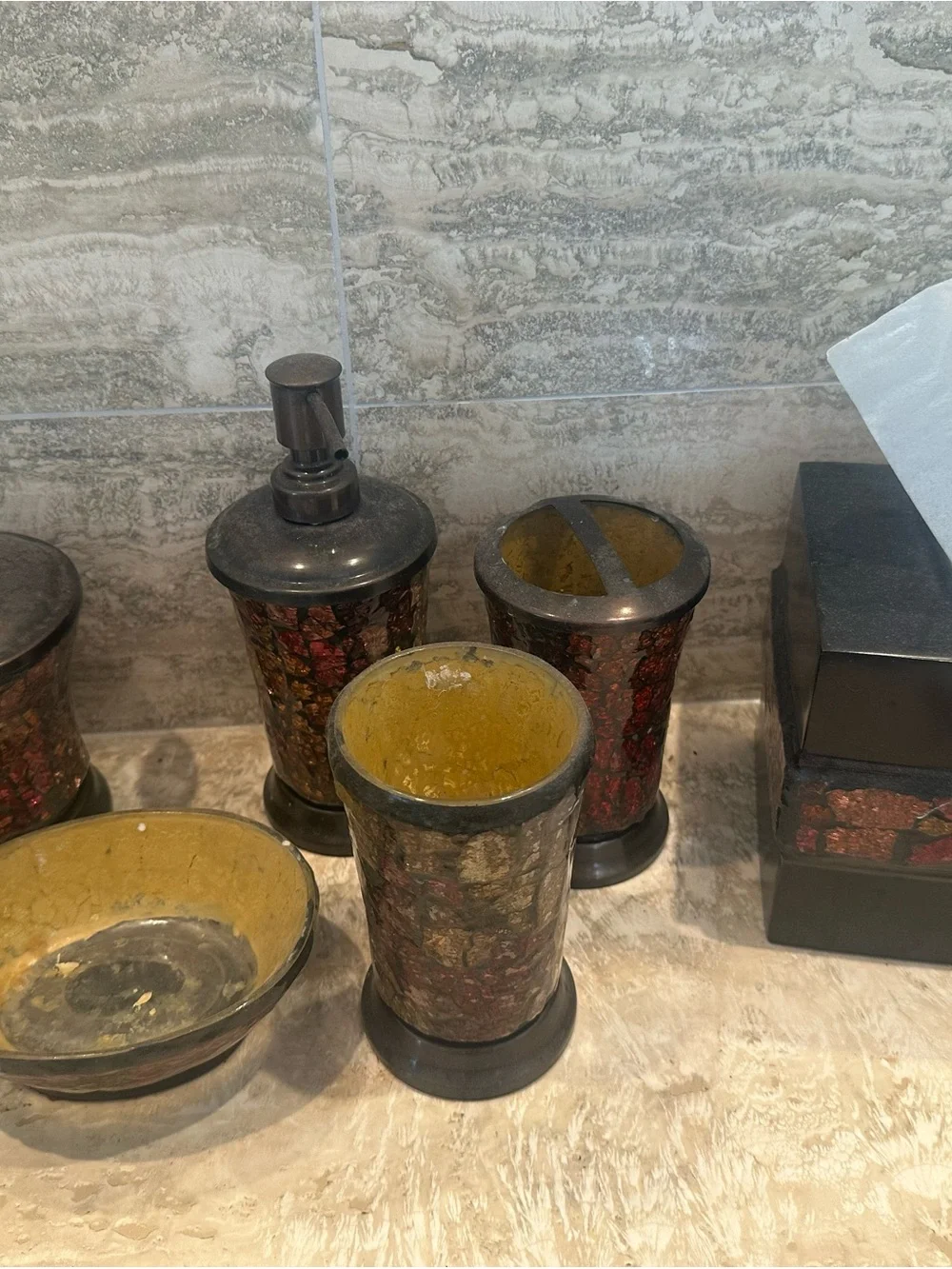 Decorative Yellow and Red Mosaic Bathroom Accessory Set Lot of 6 items
